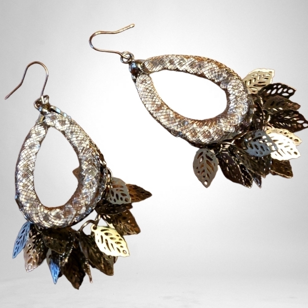 RHINESTONE Hoop Earrings Very Unusual Unique Pewter Color Hook EUC
